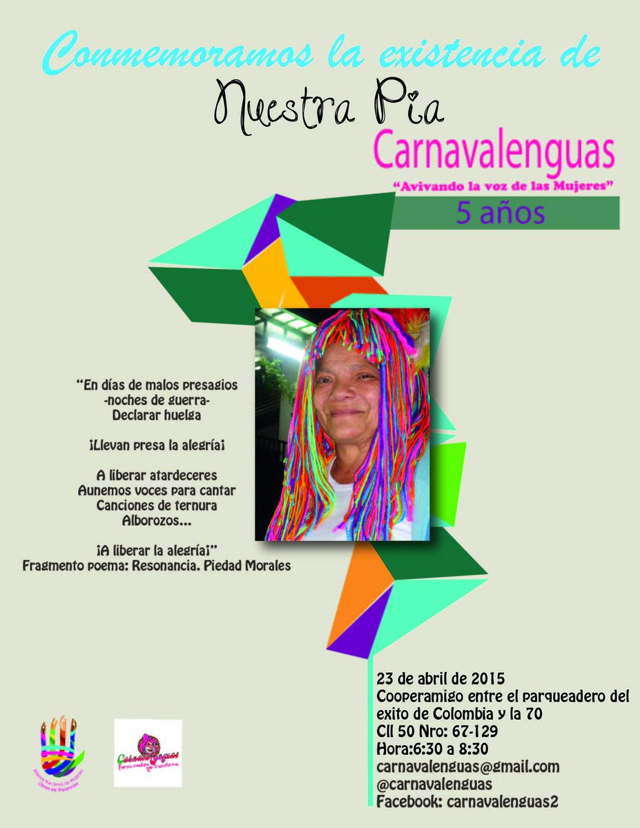 Carnavalenguas's tweet photo. Amig-as y amigos mañana les invitamos a encontrarnos a celebrar la vida de Piedad Morales
@vamosmujer @RutaPacifica http://t.co/9VfIT06lDa