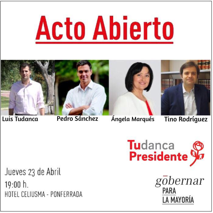 PSOE_CyL's tweet photo. MAÑANA #23abril (19h) @sanchezcastejon en #Ponferrada, con @luistudanca @cortesangelama y @TinoRodriguez82. Vienes? http://t.co/X9GgV3yy8B