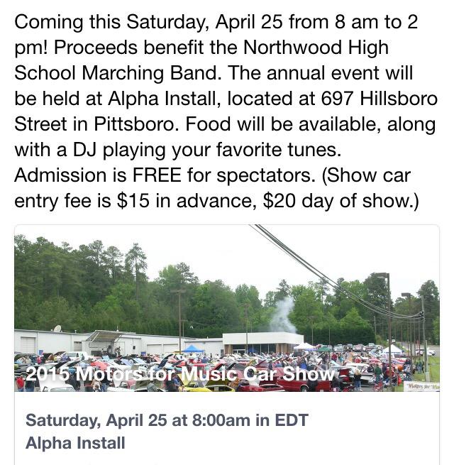 TheSycamoreNC's tweet photo. Motors for Music Car Show in Pittsboro Sat. Apr. 25 Free. Go Northwood High Marching Band! @pittsboroncgov http://t.co/nUmV3TYDz8