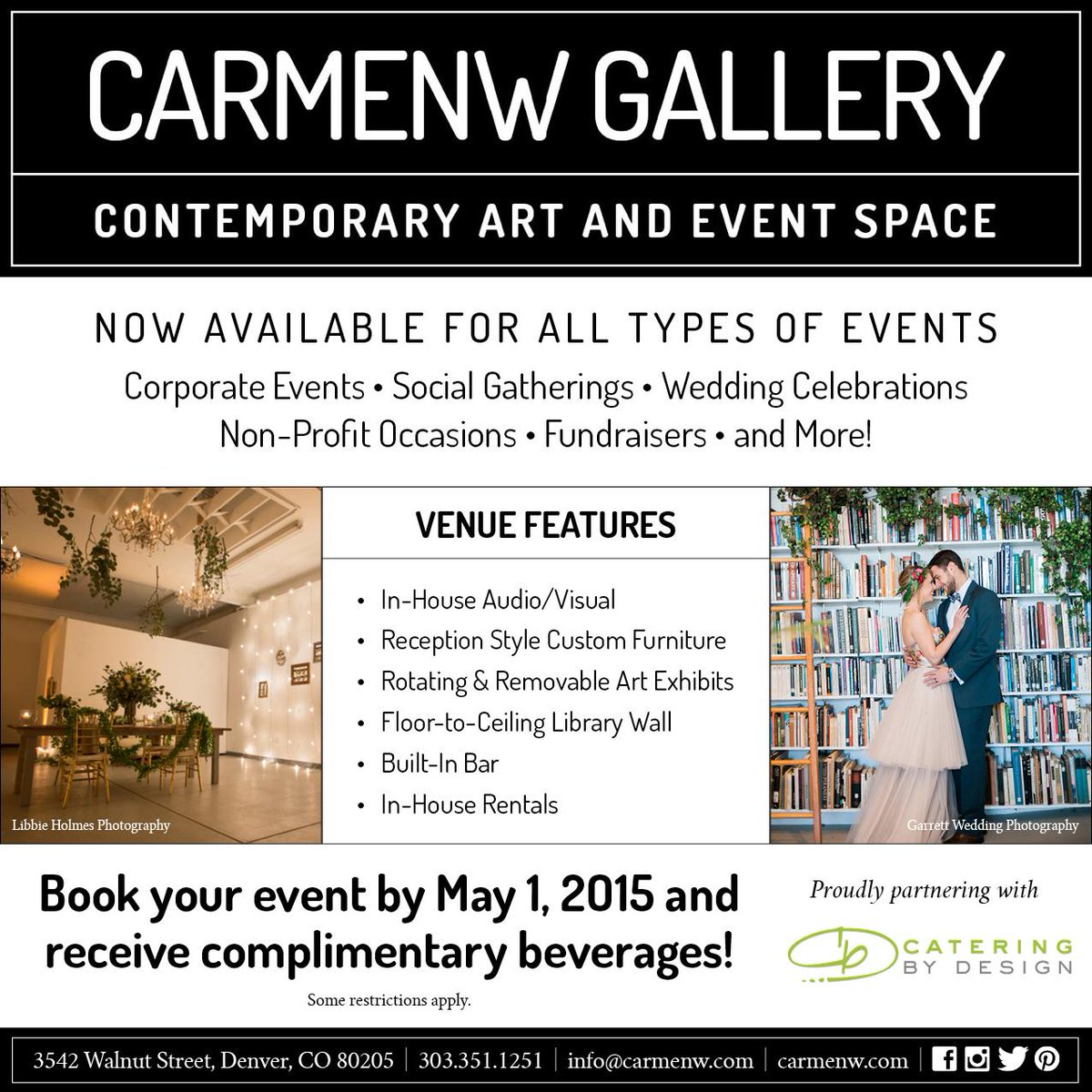 Contemporary art &amp; event space for your next event! Book your event by 5/1/15 &amp; receive complimentary beverages!