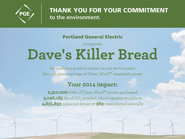portlandgeneral's tweet photo. Celebrating #EarthDay every day, @KillerBread offset 3.9 mil lbs of CO2 in 2014. #CleanWind http://t.co/hldQhE52Mw http://t.co/gbN6Uhi1Jo