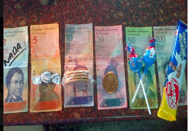 thedibstudio's tweet photo. What money can buy you in Vzla. Highest bill only gets you a chocolate bar! #absurd #sad #corruption #venezuela http://t.co/cFaEimFfmB
