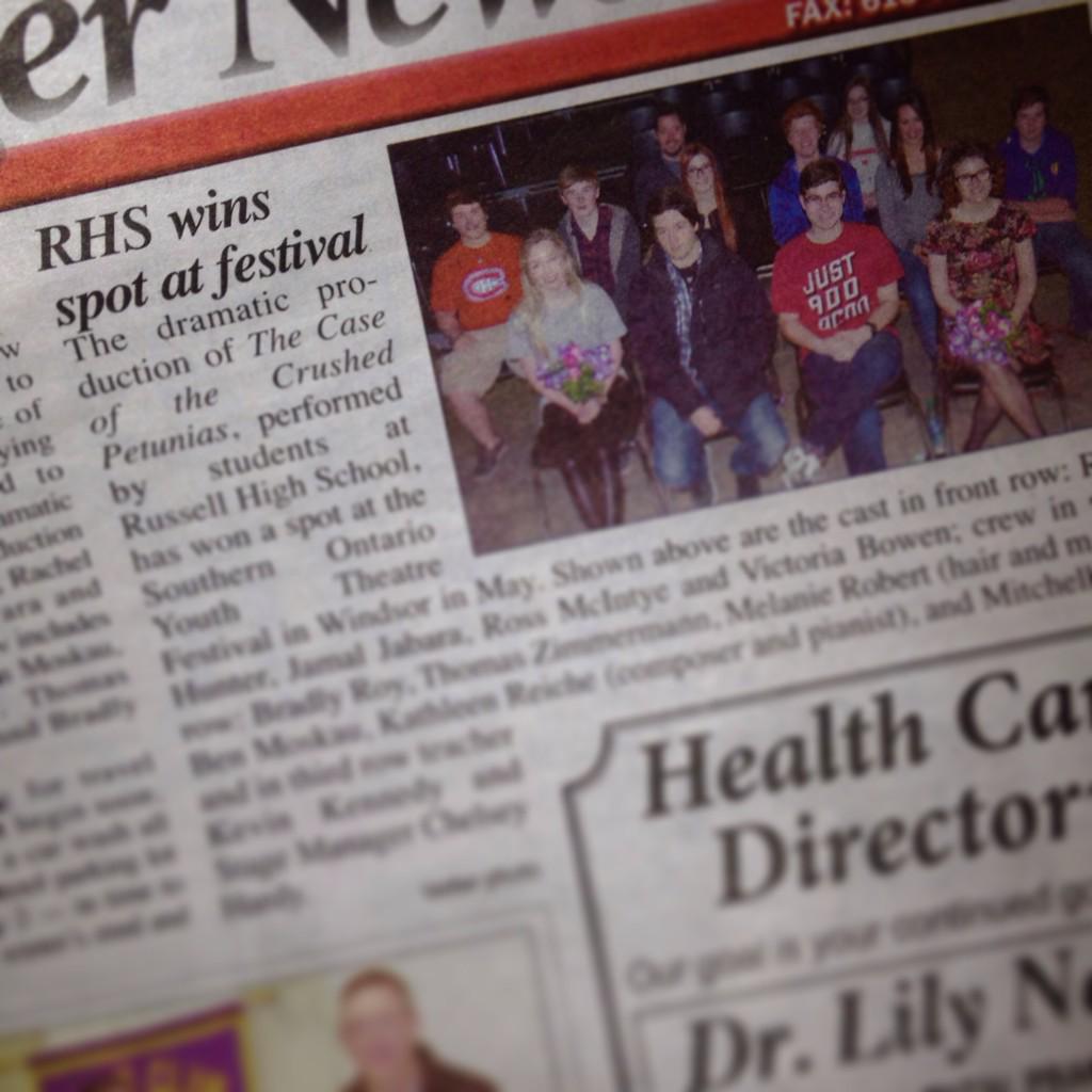 russelltwolves's tweet photo. In today's Chesterville Record! "The Case of the Crushed Petunias" selected for @SOYTF in Windsor! 🌺 #roadtrip #SOYTF http://t.co/KwrMVb3EWL