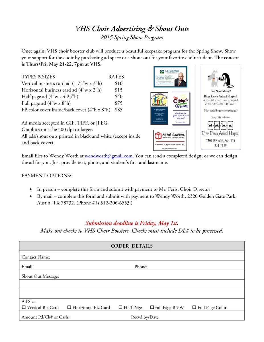 Time to buy shout outs &amp; ads for ♫Spring Show♫. Deadline is Friday, May 1. See attached flyer for details.