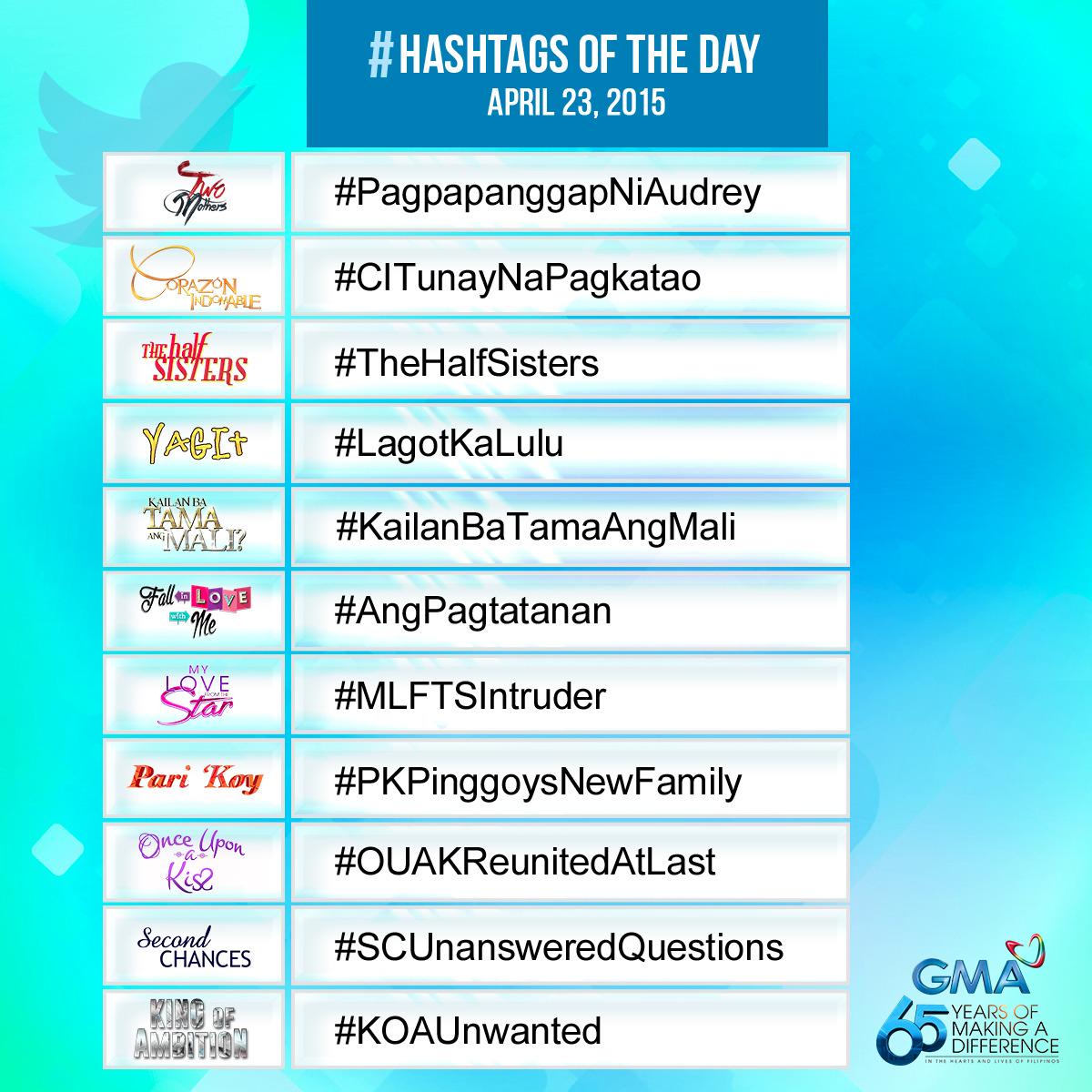 gmanetwork's tweet photo. Happy Thursday, mga Kapuso! Here are our hashtags for April 23, 2015. #GMA http://t.co/gluKmdMqsV