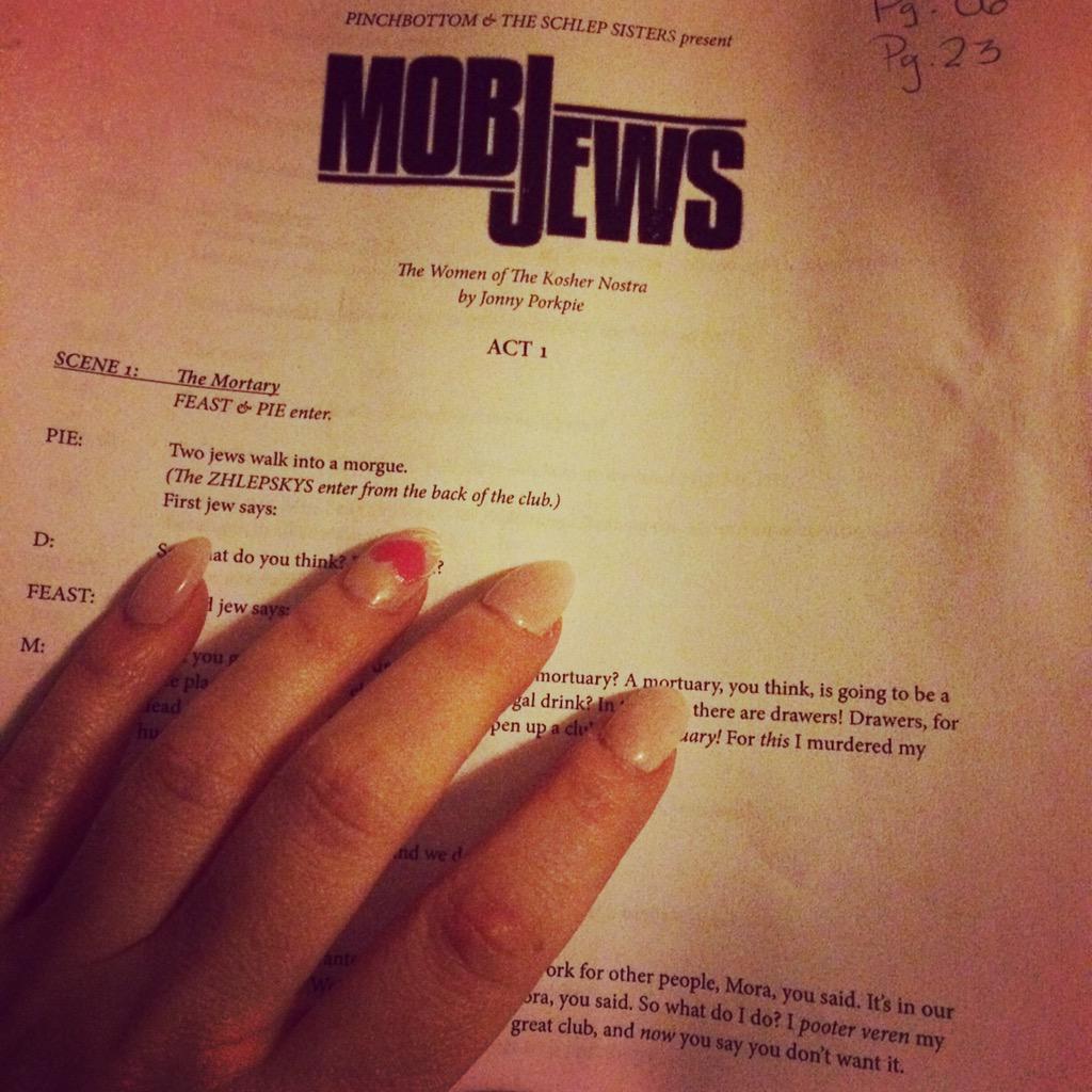 AngiePontani's tweet photo. Practicing my lines for this weekends premiere of #mobjews! http://t.co/0knn1iALYJ for tickets and information! http://t.co/tLHInsSuUL