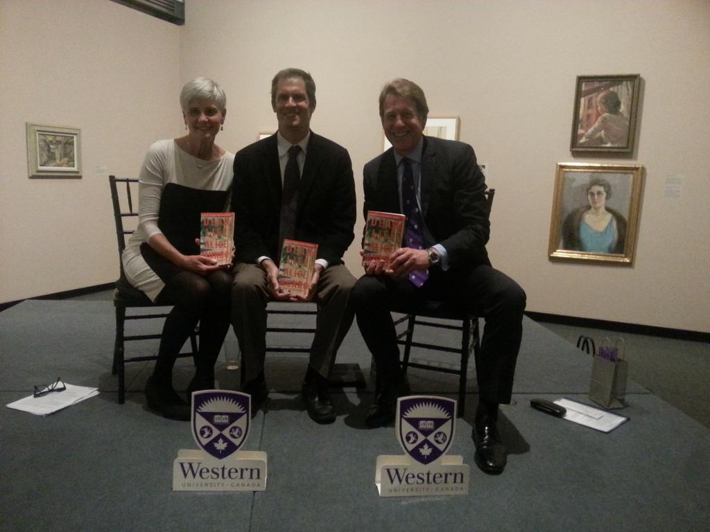 CBCScottRussell's tweet photo. So great to discuss @alicemunro_esp Dear Life with @BryceTraister @westernuProvost #purplereads @westernu @cbcsports http://t.co/1R6qiPLrg6