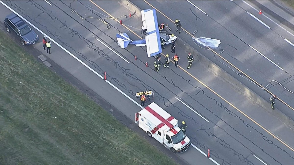 GlobalBC's tweet photo. Small plane crash lands on Highway 91: http://t.co/T6lXyy9E2v http://t.co/QTN5jkCWLu