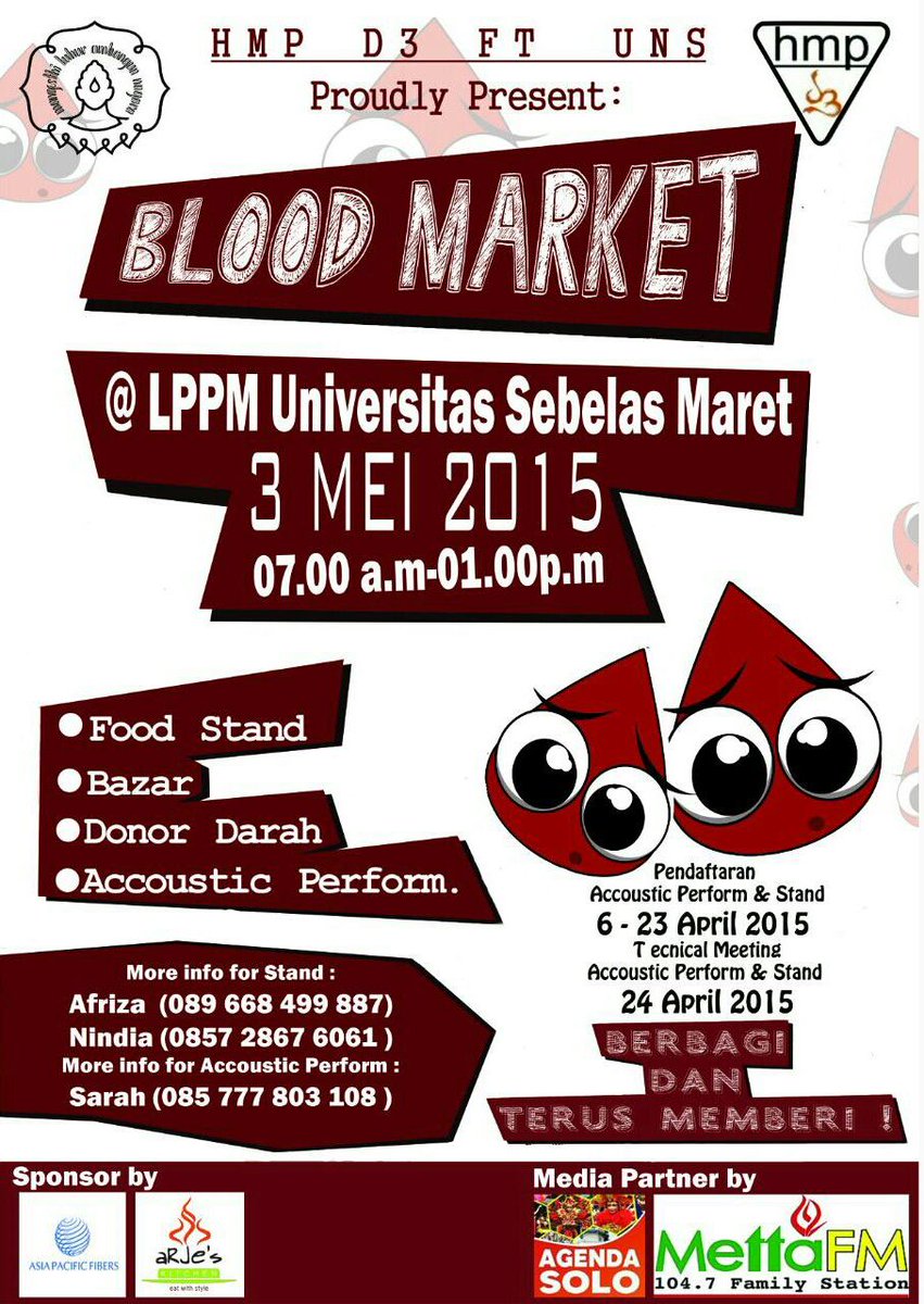 AgendaSOLO's tweet photo. Kunjungi BLOOD MARKET : Food Stand, Bazaar, Donor Darah | 3 Mei 2015 07.00 am - 01.00 p.m | @ LPPM UNS http://t.co/GrLc9GtGoF