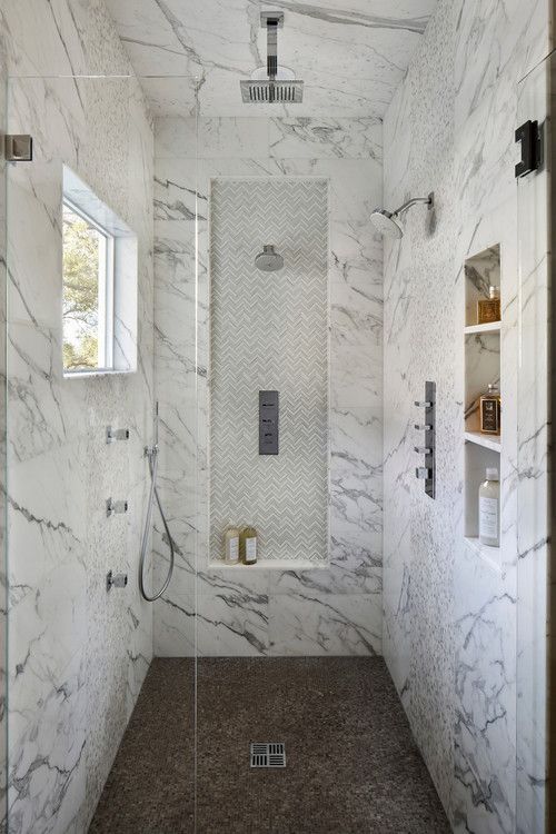 Marble Shower with built-in cubbies and shelves. What do you think about this?
