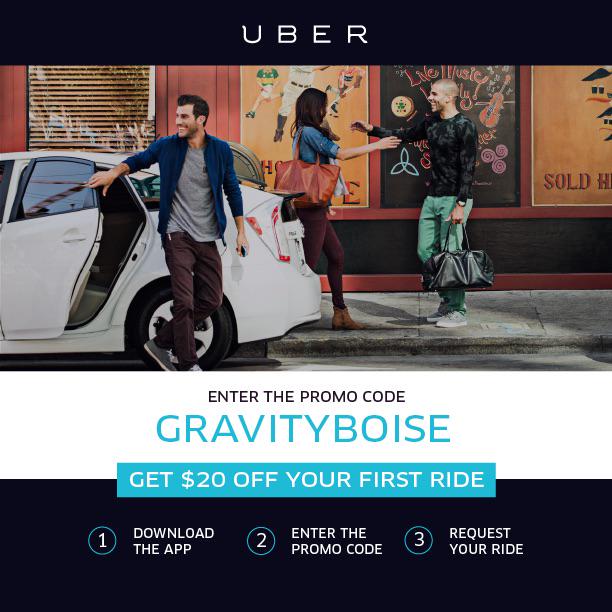 GravityInBoise's tweet photo. Need a ride to @GravityInBoise this weekend? Get $20 off your first @Uber_ID ride with the promo code: GRAVITYBOISE http://t.co/si2HzQGcda