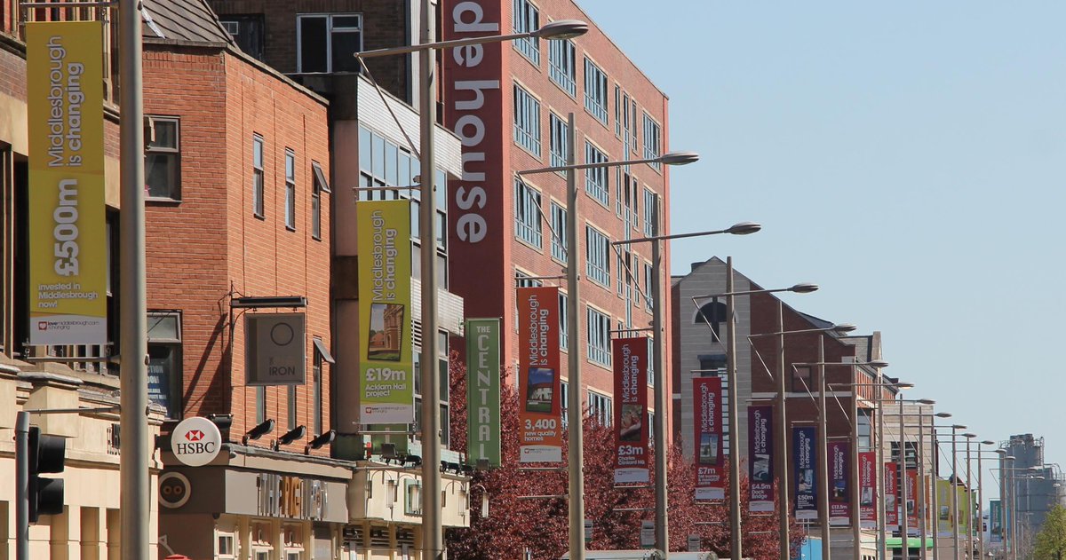 wearembro's tweet photo. Colourful banners in Middlesbrough depicting the £500m of projects coming to fruition in the town right now! #ontheup http://t.co/aqOwNvMmy5