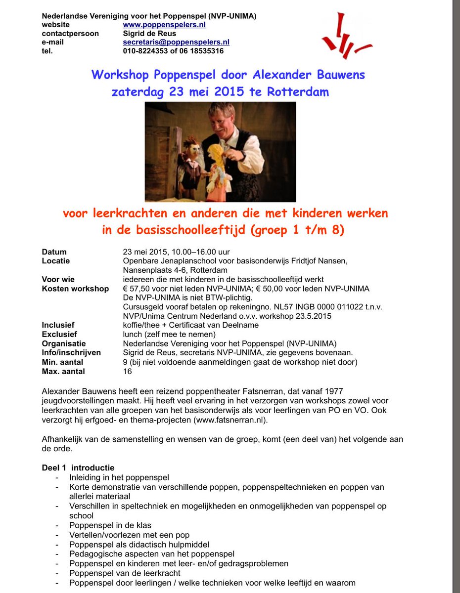 NVP_UNIMA's tweet photo. Poppentheater leeft! Wil je iets met poppentheater in de groep? 
23.5.2015: workshop poppenspel voor leerkrachten. http://t.co/PtXeEMLZP4