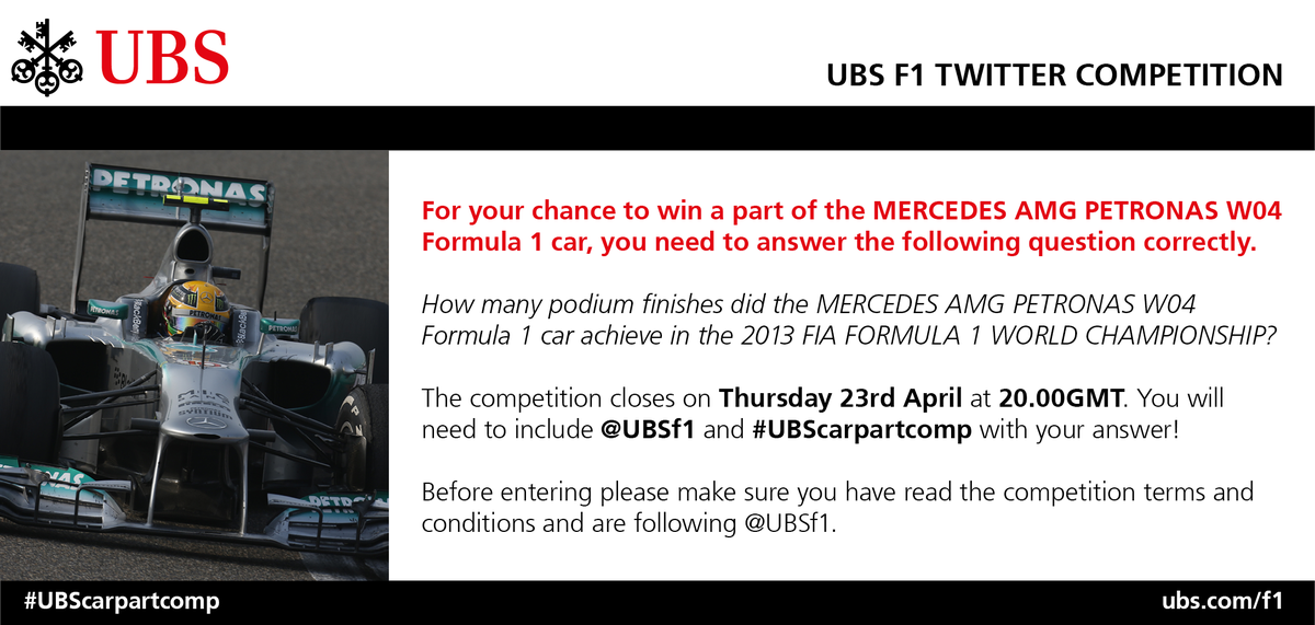 UBSf1's tweet photo. Last chance to win a car part from the @MercedesAMGF1 #W04! Our #UBScarpartcomp is closing today at 2000 GMT! http://t.co/brxUKWlted