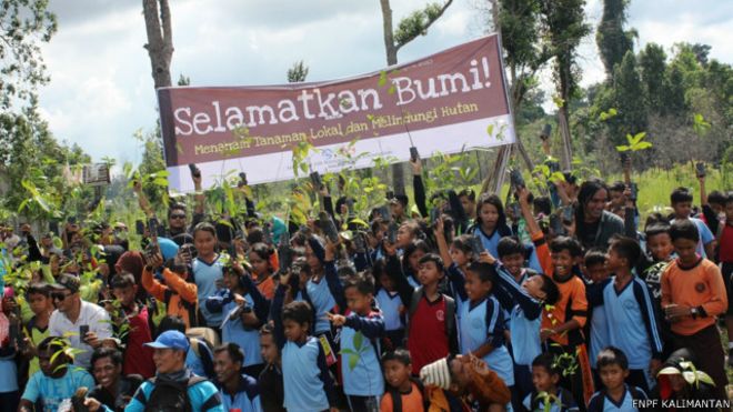 Sambut Hari Bumi, 260 siswa tanam pohon di dekat 'kuburan orangutan' di Kalimantan bbc.in/1G9nZyK
