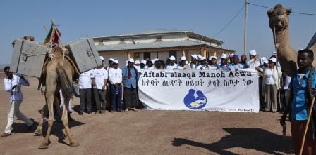 UNICEFEthiopia's tweet photo. Camels at the centre of the 5th #AfricanVaccinationWeek launch in Afar, #Ethioipia #AVW2015 http://t.co/VPcj1YD2py V/ @WHOEthiopia