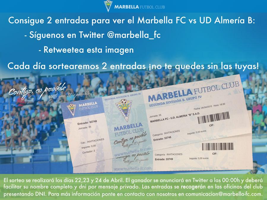 marbella_fc's tweet photo. Si ayer no tuviste suerte, hoy volvemos a sortear 2 entradas para el Marbella FC vs @U_D_Almeria ¡Haz RT y participa! http://t.co/weLzAsyyww