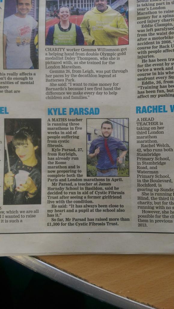KyleParsad's tweet photo. Nice bit in the Southend Echo about #LondonMarathon this weekend @cftrust #3days #CF #3marathons http://t.co/95gPSddxhq