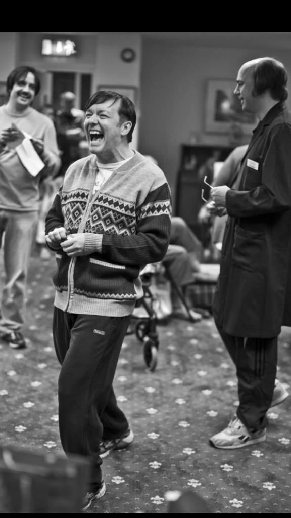 rickygervais's tweet image. #TBT ruining another take laughing on the set of Derek.