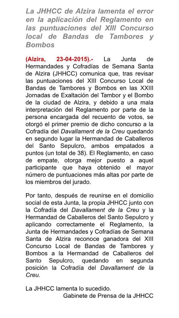 JHHCCAlzira's tweet photo. Comunicado de prensa. http://t.co/SMAkL6rVGv