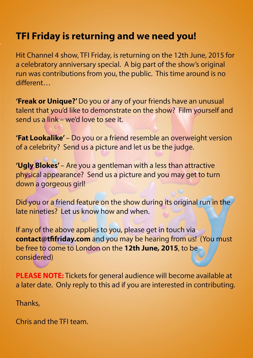 <a href="/TVcontribs/">BeOnTV</a> Hi! TFI Friday is back in June &amp; we're looking for people to be on the show. Please RT this pic. Thanks!