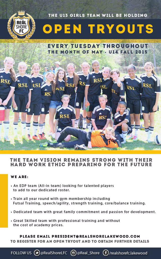 RealShoreLFC's tweet photo. The U13 girls team will be holding OPEN TRYOUTS.
#LetsGo #Girls #u13 #OPENtryouts #soccer #nj #follow http://t.co/hwS5WJViT6