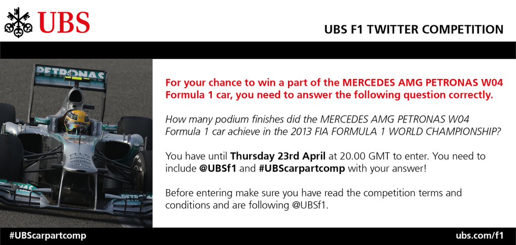 MercedesAMGF1's tweet photo. Last chance to enter the #UBScarpartcomp competition to win a W04 car part! Enter via @UBSf1 before 20.00 GMT! http://t.co/ddIblARYEf