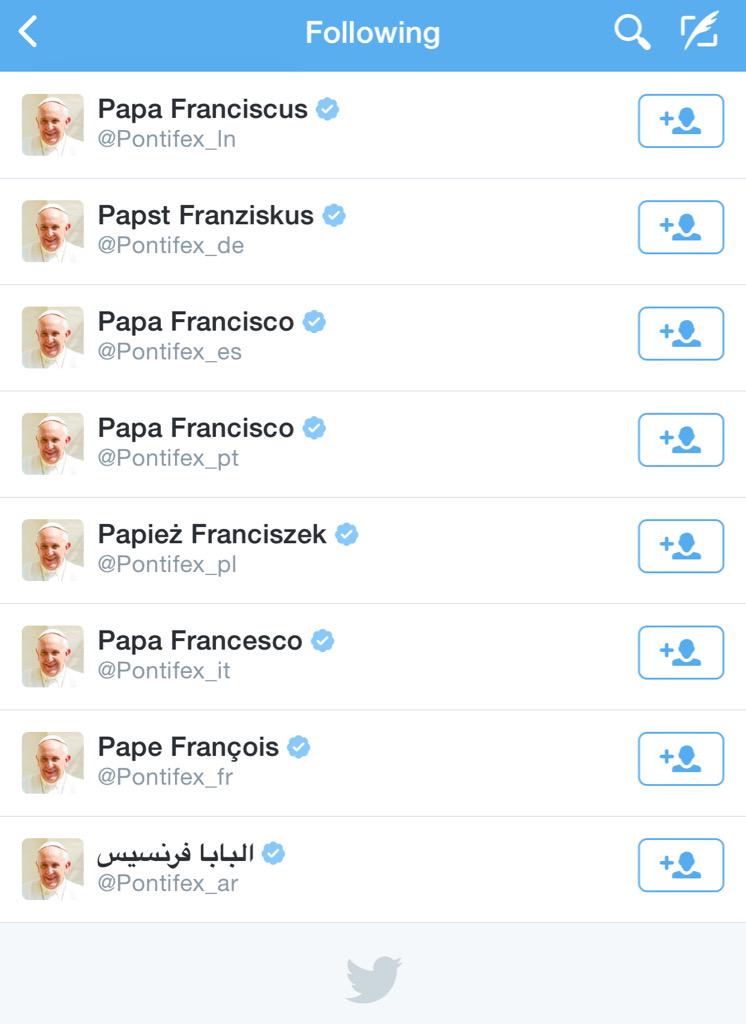 FaZeBloo's tweet image. The only person the Pope follows is himself in different languages.