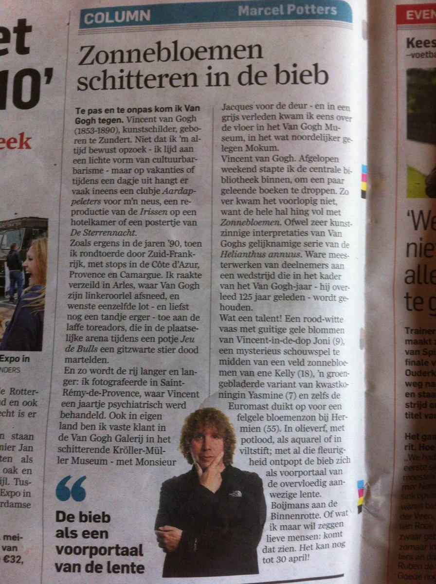 bieb010's tweet photo. Vandaag in @RDStad de column van #MarcelPotters: Zonnebloemen schitteren in de bieb. De expo is te zien tot 30 april! http://t.co/jwvmg5V9UZ