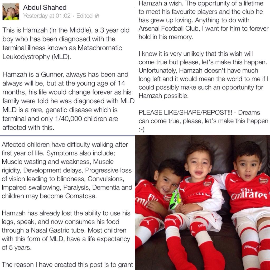 AMothersSon's tweet photo. Please share this and help make Hamzah's wish come true! @henrywinter @TonyBarretTimes @_ChrisBascombe @rioferdy5 http://t.co/ElHMeNcfGR