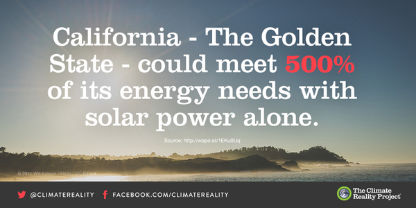 ClimateReality's tweet photo. The Golden State could meet 500% of its energy needs with just solar power! #California http://t.co/uh6jVu45Bc