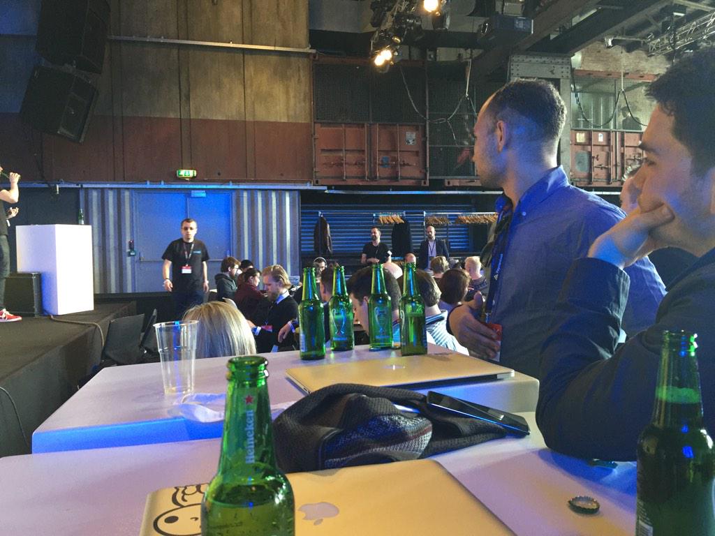 guidoz's tweet image. It's beer and presentation time at #kingsofcode #TNWEurope #TNW15 #hackaton Cone to the Yellow Room