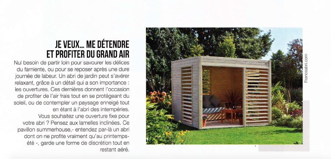 FranceAbrisCom's tweet photo. #FranceAbris présent dans le dernier magazine de @VisiteDeco avec son modèle d'abri summerhouse ! #sogood... http://t.co/s04uBMPA8O