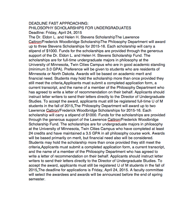 UNDERGRADS!!! The deadline for many Undergraduate <a href="/UmnPhilosophy/">Philosophy </a> scholarships is TOMORROW!! See below more details