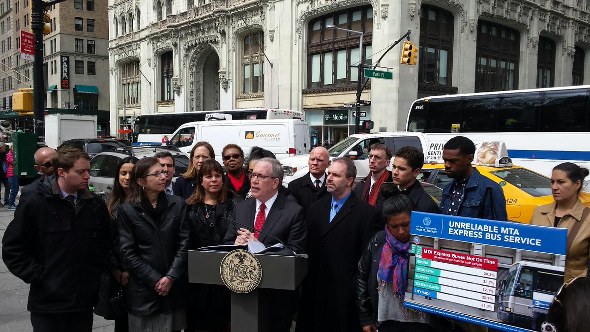 NYCComptroller's tweet photo. STARTING: Follow live tweets of our #MTA audit on #ExpressBuses at the bus stop Broadway @ Park Place at City Hall. http://t.co/1qYyEHAl3d