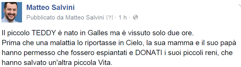 matteosalvinimi's tweet photo. Una preghiera per quel piccolo Angelo e per i suoi genitori, e un grande GRAZIE tutti i Donatori di Organi. #Salvini http://t.co/HsKoKlvOJ6