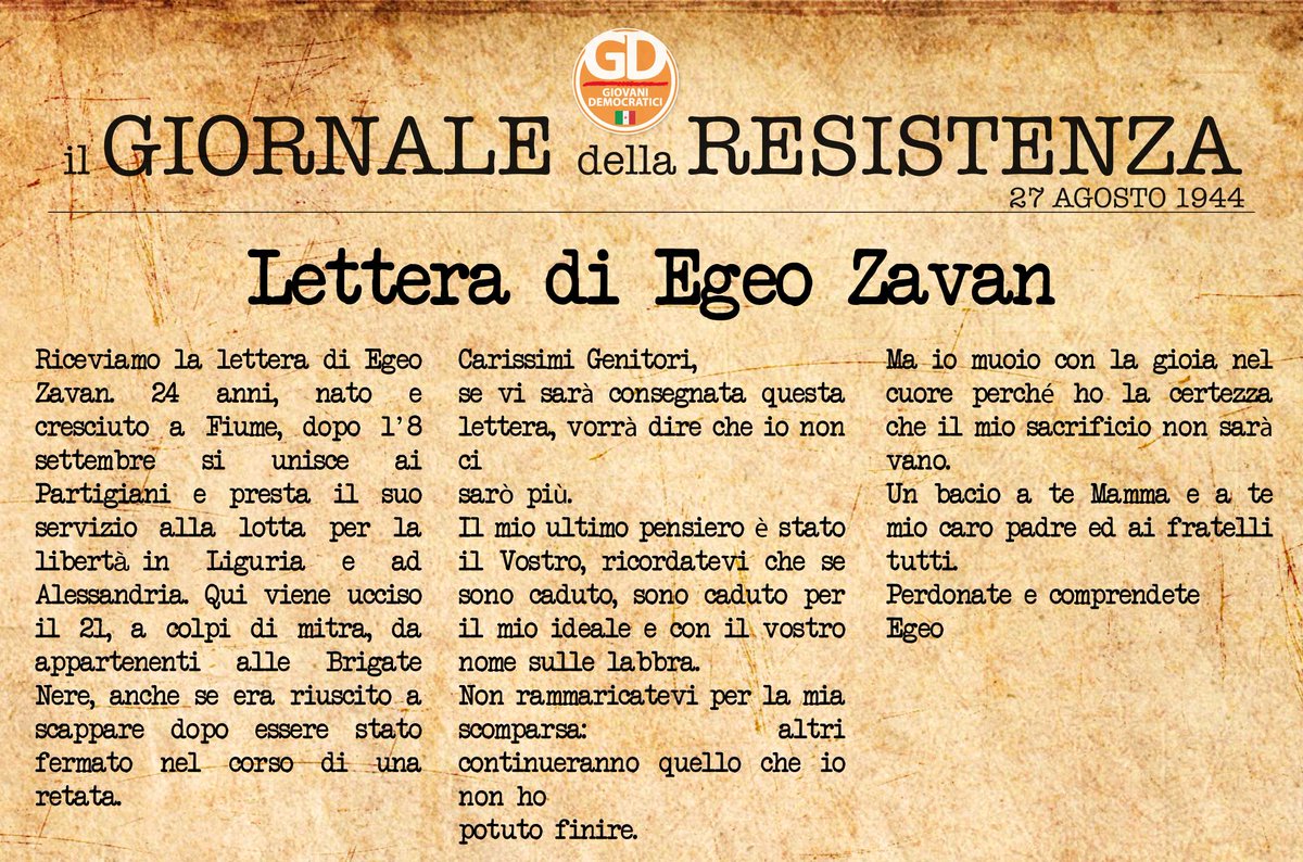 gdnazionale's tweet photo. Sono morto per un ideale e altri continueranno quello che io non ho potuto finire.
#25storie #25aprile #70esimo http://t.co/4iyfSiVdI8