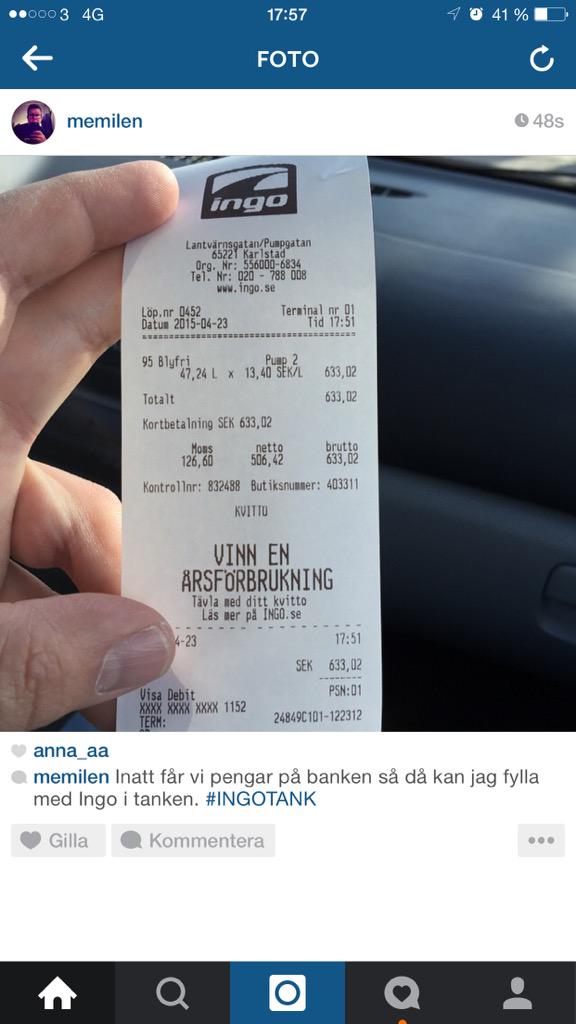 iEmilS's tweet photo. Inatt får vi pengar på banken så då kan jag fylla med Ingo i tanken. #INGOTANK http://t.co/vSZi60ZsWU