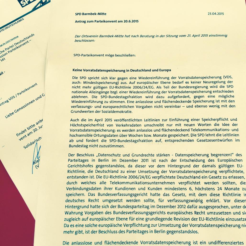 Antrag zum Parteikonvent: Keine Wiedereinführung der #vorratsdatenspeicherung <a href="/Nico/">Nico</a> <a href="/DanielaKerkow/">Daniela Kerkow</a>
