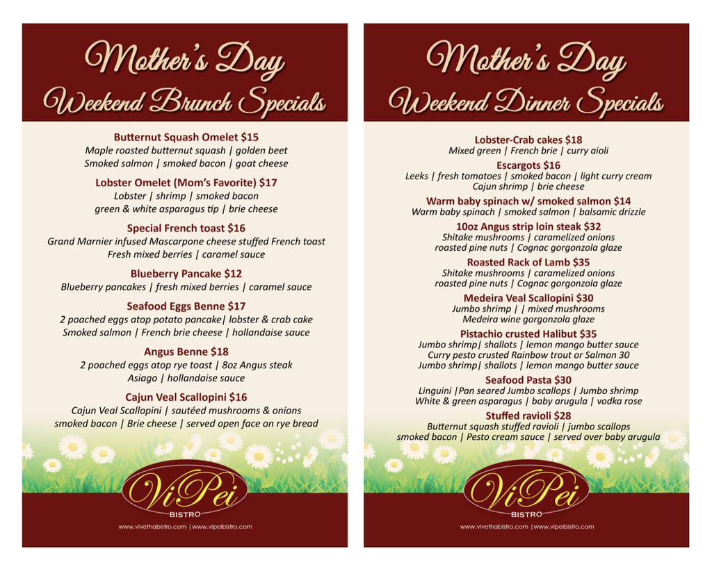 ViVethaBistro's tweet photo. Mother's Day- Sunday May 10th. Join us for brunch/ dinner. Open 7am..... http://t.co/RoJUcOXlj7