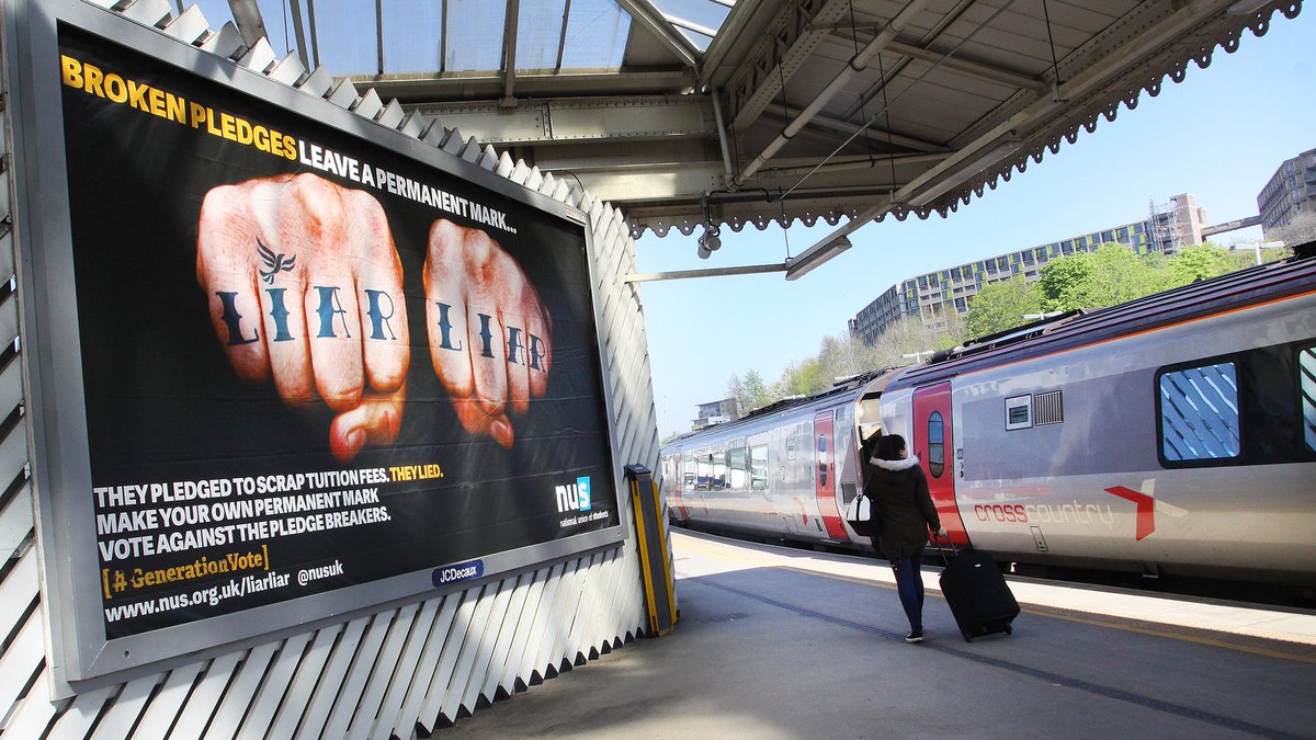 E_Beardmore's tweet photo. 'Liar Liar' board up at Sheff station over tuition fee pledge @sheffieldstar http://t.co/Mg2SHpjxKn #electionyorks http://t.co/XF1CUc88CR