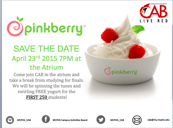 MCPHS_CAB's tweet photo. Free Pinkberry tonight for the first 250 people at the atrium at 7PM! See you there! http://t.co/TiiHKl733P