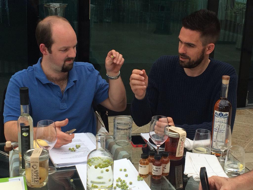 Staff meetings can be fun- Dean and Robbie experimenting with new spirits and juniper and grapefruit! Gin anyone?