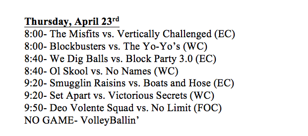GCIntramural's tweet photo. Here is the schedule for tonight's games! #GCIntramurals http://t.co/DXR02zfNTR