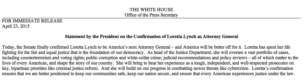 ObamaWhiteHouse's tweet photo. "Today, the Senate finally confirmed #LorettaLynch to be America’s next Attorney General" —President Obama http://t.co/mTe4ic1Y8W