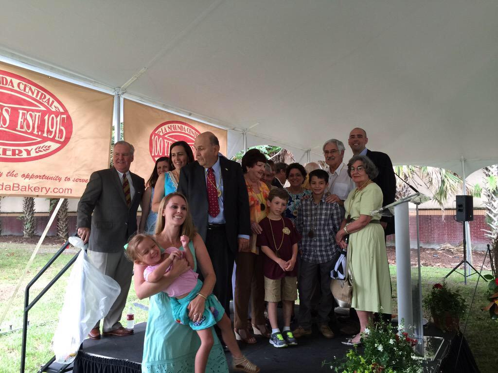 FernAtElevate's tweet photo. @LaSegundaBakery family and Mayor @BobBuckhorn celebrating #100YearsStrong! What an exciting moment! #TampaHasSwagger http://t.co/7v51mVHflt