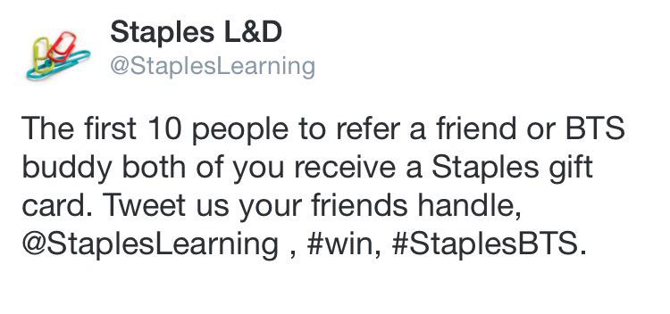 StaplesLearning's tweet photo. Attention #staplesBTS. New way to win! http://t.co/0Kd1umlRVN
