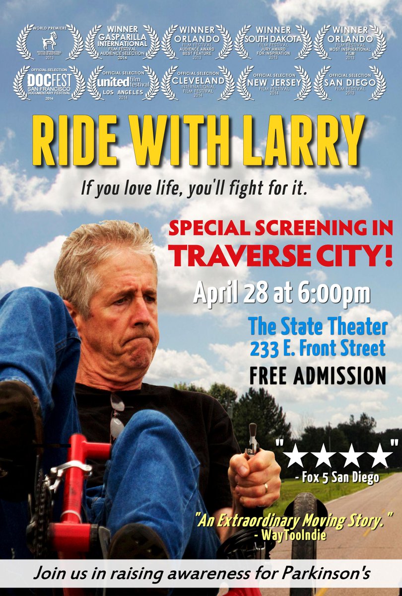 #TraverseCity #MI Don't miss the screening of #Documentary #Film "Ride with Larry" next Tuesday 4 #Parkinsons month!