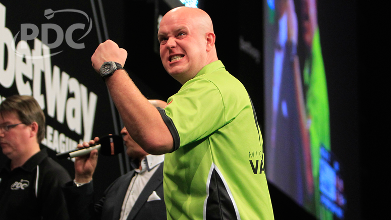 OfficialPDC's tweet photo. MATCH GALLERY: Pictures from @MvG180's stunning 7-0 win over @JamesWade180 in Cardiff. #LoveTheDarts http://t.co/PtEfqO9e8G