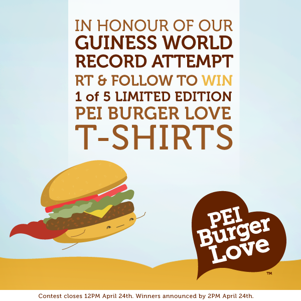 PEIBurgerLove's tweet photo. Our big Guinness Record attempt is this Saturday and to celebrate, we're giving away shirts! RT-to-Win #PEI!! http://t.co/M3cCXekaBA